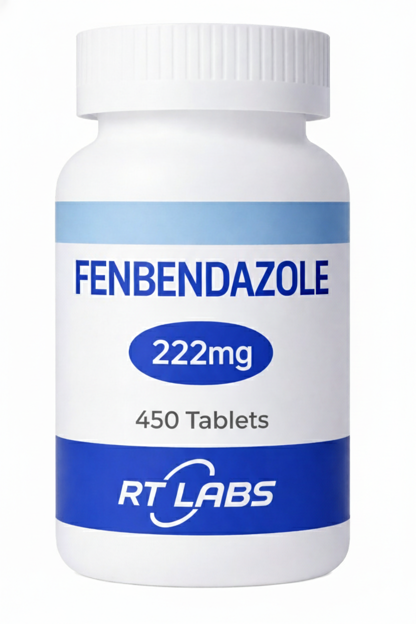 Bottle of Fenbendazole 222mg tablets with RT Labs branding on a white background