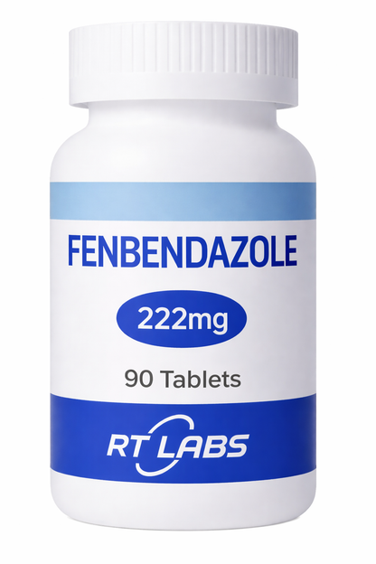 Bottle of Fenbendazole 222mg tablets with RT Labs label on a white background