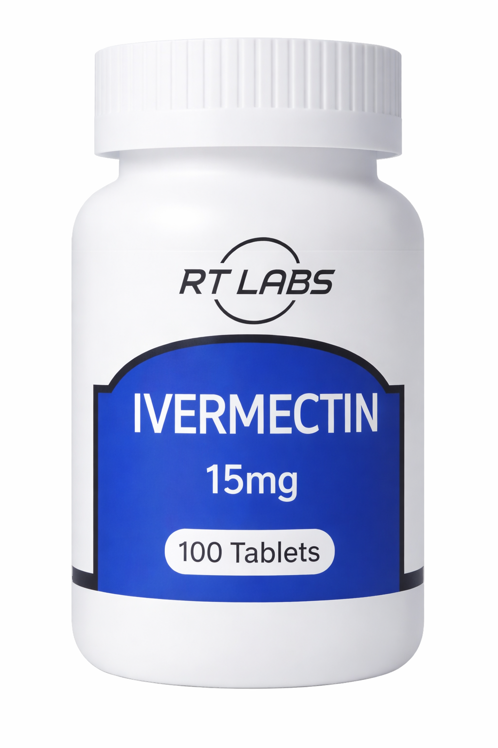 Bottle of RT Labs Ivermectin 15mg tablets on a white background