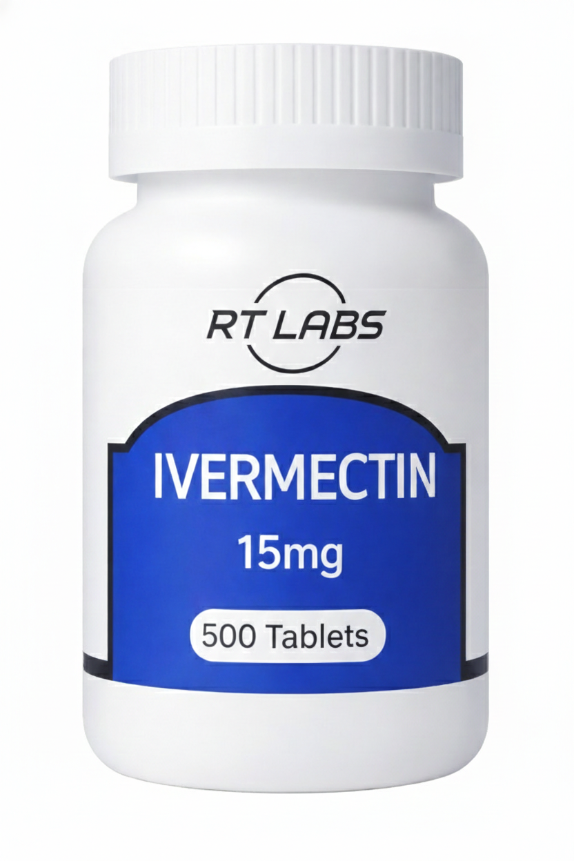 Bottle of RT Labs Ivermectin 15mg tablets on a white background