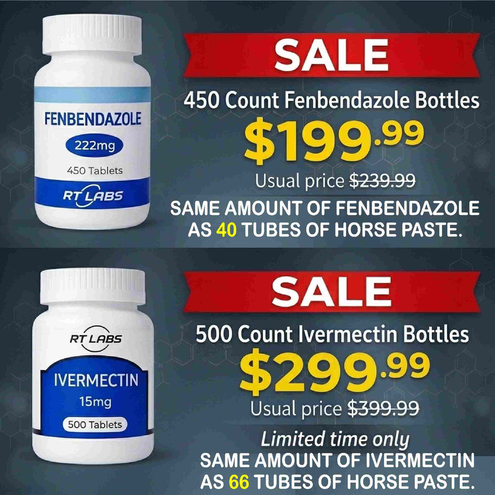 Promotional advertisement for Fenbendazole and Ivermectin bottles with sale prices on a dark background.