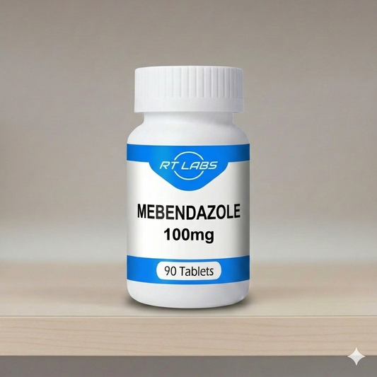 Bottle of RT Labs Mebendazole 100mg tablets on a neutral background