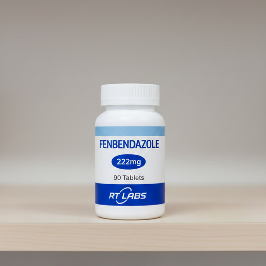Bottle of Fenbendazole 222mg tablets by RT Labs on a neutral background