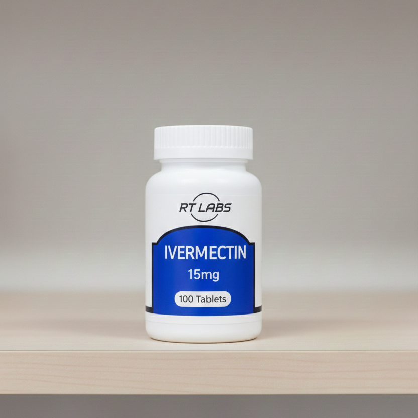 Bottle of ivermectin tablets by RT Labs on a neutral background