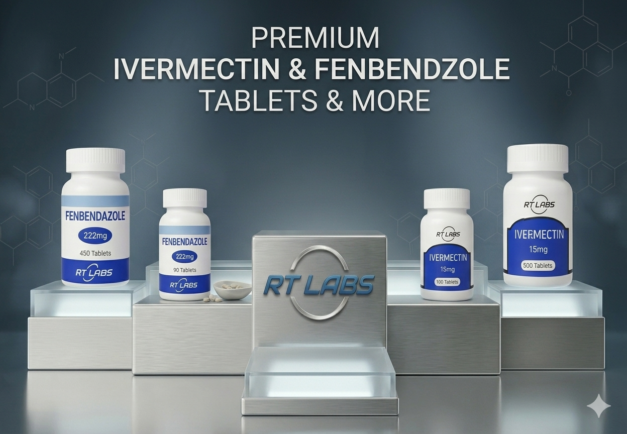 RT Labs ivermectin and fenbendazole tablets on a reflective surface with a dark background